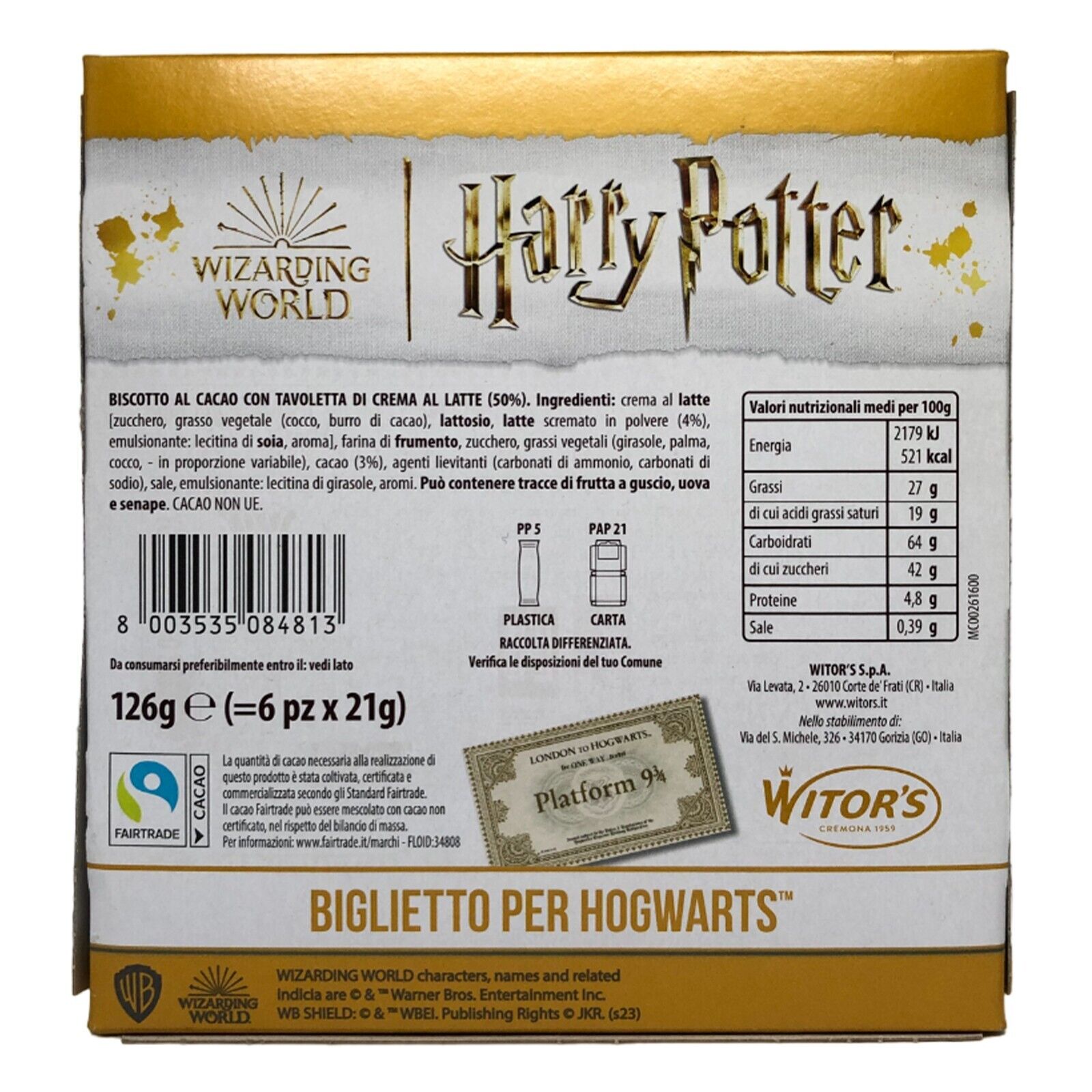 Harry Potter Snack Biscotto al Cacao Con Tavoletta di Crema al Latte 6 –  CoCoCIOK